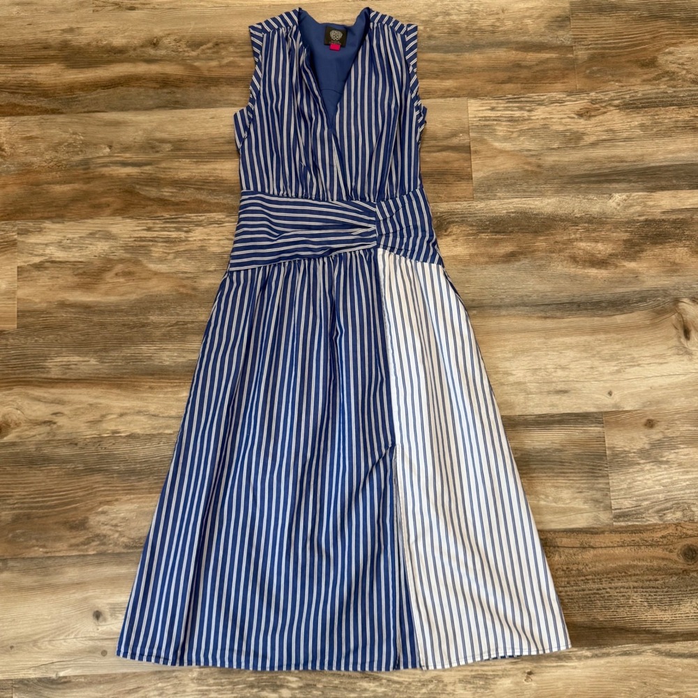 Vince Camuto Striped Midi Dress Blue White Sleeveless Coastal Chic Size